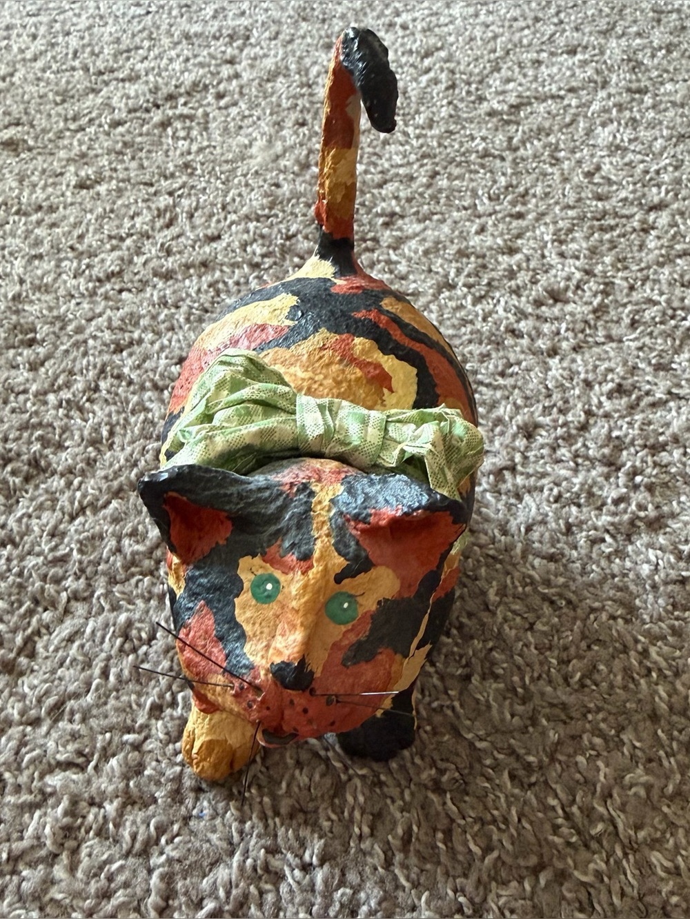 Vintage Handmade Papier Mache Calico Cat Figurine